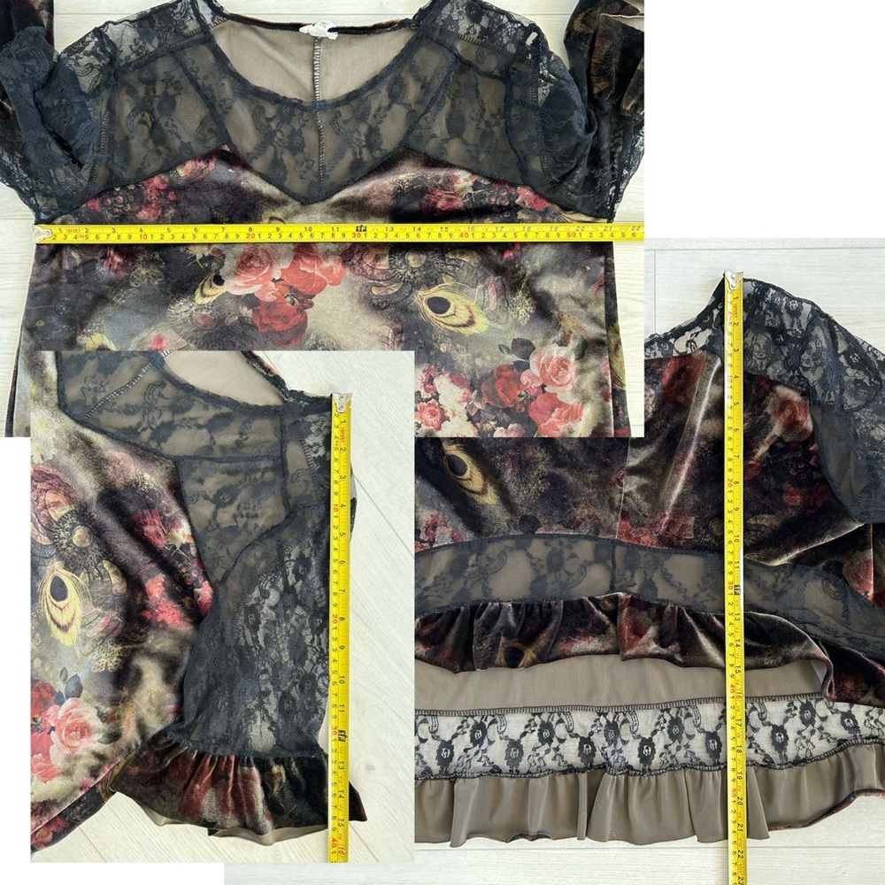 POL Romantic Olive Green Rust Floral Velvet Black Lace Asymmetrical Top Medium - Picture 7 of 7